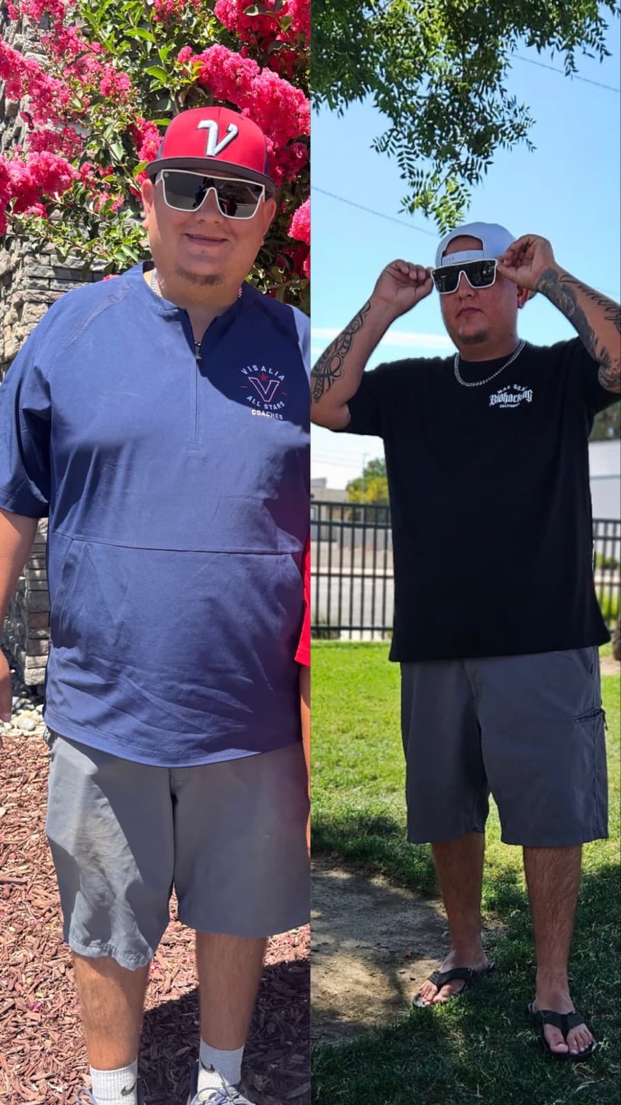 Justin side by side: day one at 250 pounds, and today at 220